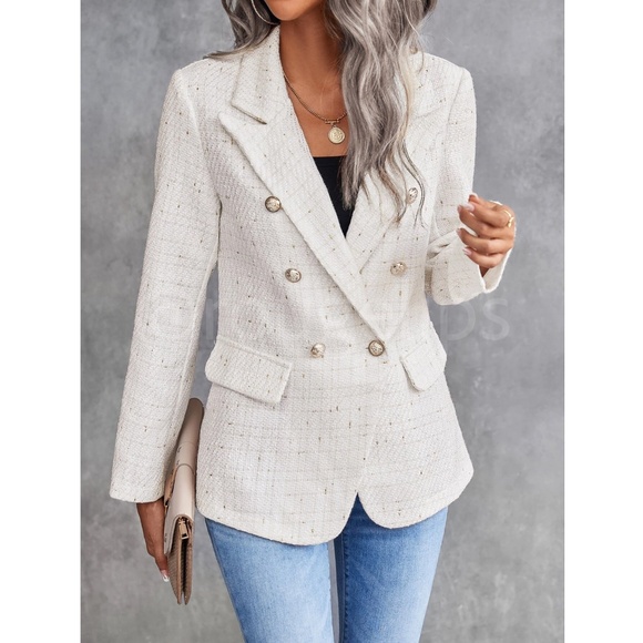 Classic Plaid Tweed Double Breasted White Blazer Jacket Long Sleeve - Picture 3 of 16